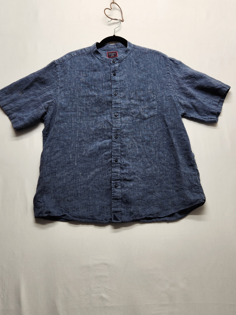 ⭐️UNTUCKit Linen Shirt XL Mens Blue Striped Mandarin Band Collar Short Sleeve